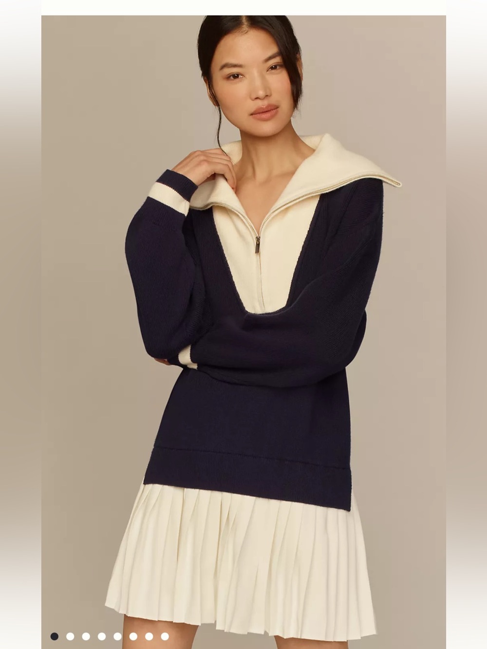 Navy and Cream Zip Collar Knit Dress